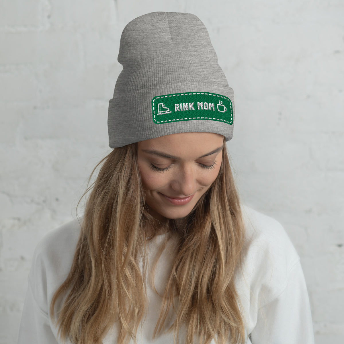 Rink Mom patch embroidered cuffed beanie in Heather Grey