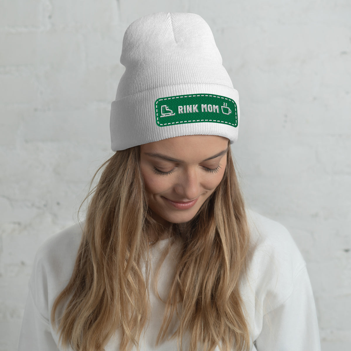 Rink Mom patch embroidered cuffed beanie in White
