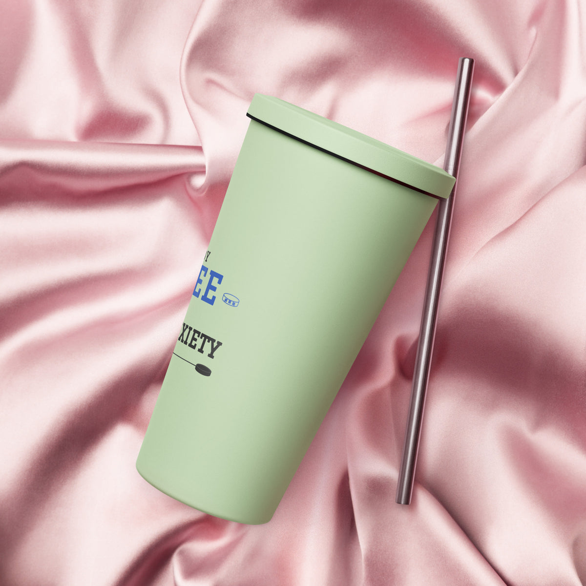 Mint Fueled by Coffee & Hockey Anxiety 20 oz tumbler with straw, left view
