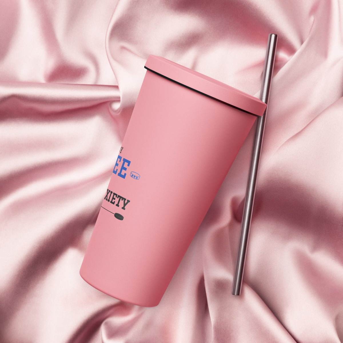 Pink Fueled by Coffee & Hockey Anxiety 20 oz tumbler with straw, left view