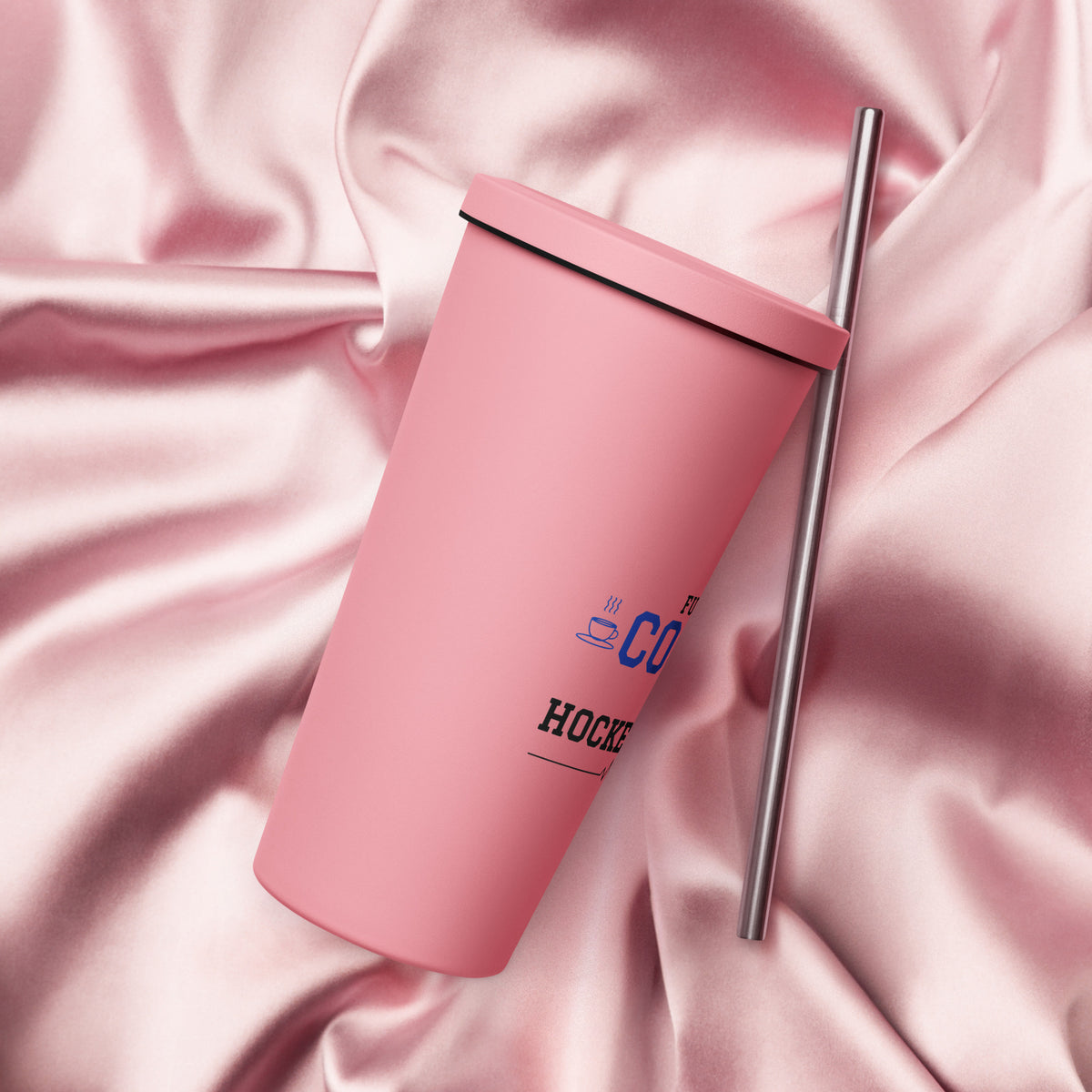 Pink Fueled by Coffee & Hockey Anxiety 20 oz tumbler with straw, right view