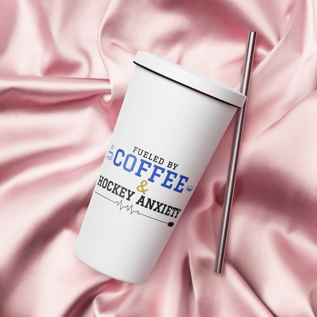 White Fueled by Coffee & Hockey Anxiety 20 oz tumbler with straw, front view
