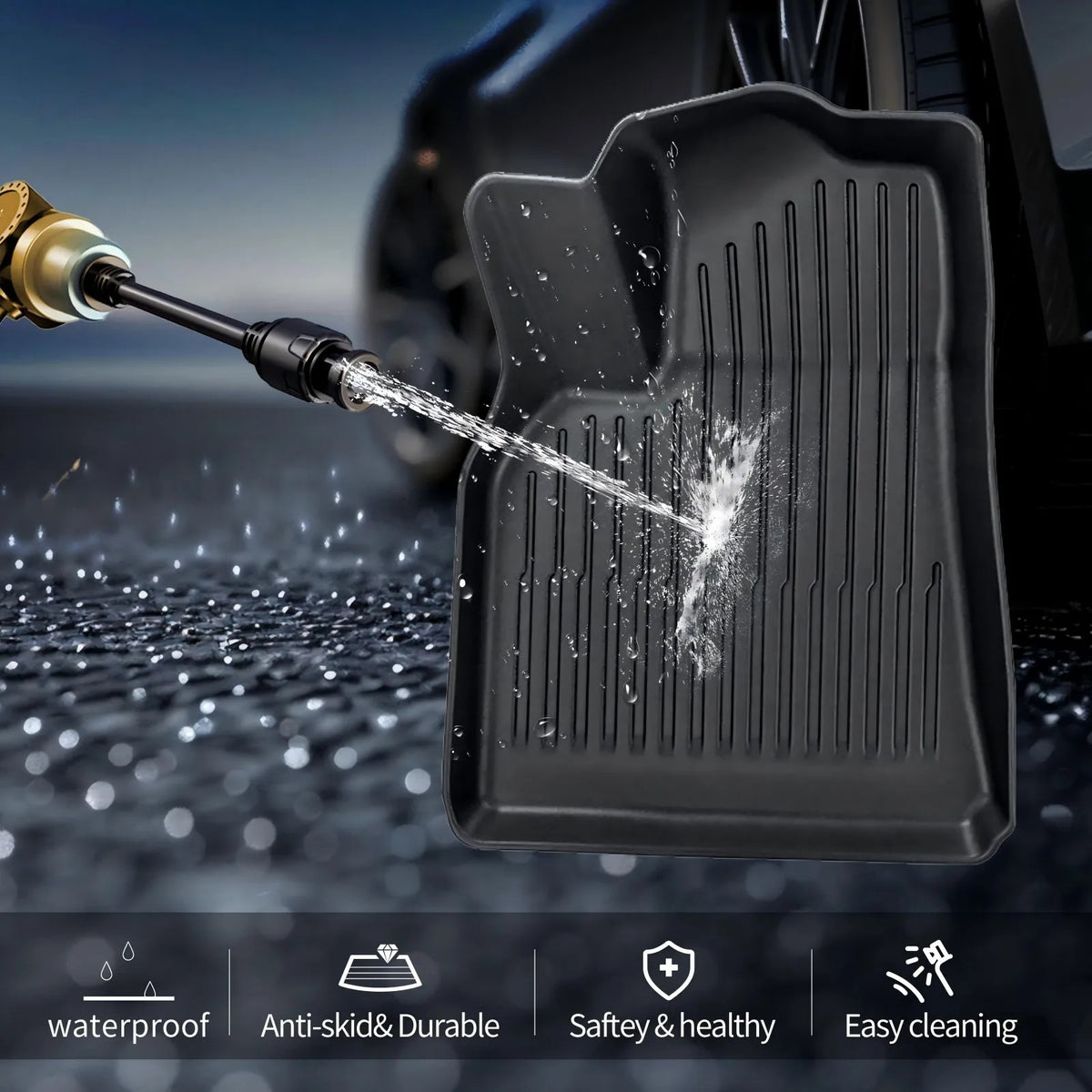 Waterproof floor mat being sprayed with water