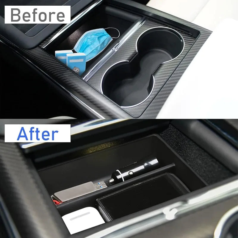 Before and after view of an organized car center console