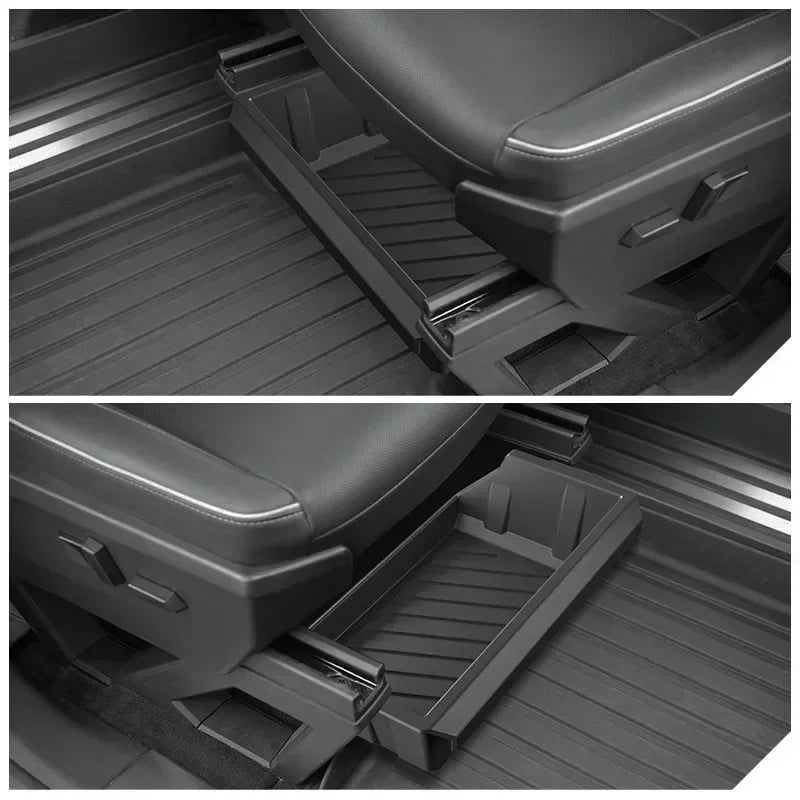 Car seat storage tray pulled out under a front seat, two views
