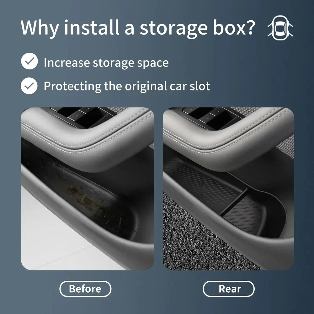 Storage box guide with before and after door slot views