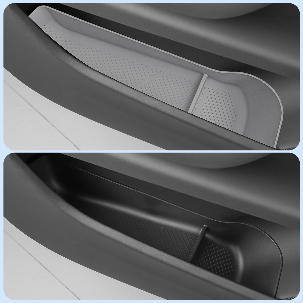 Two views of white and black door side storage trays in a car door pocket