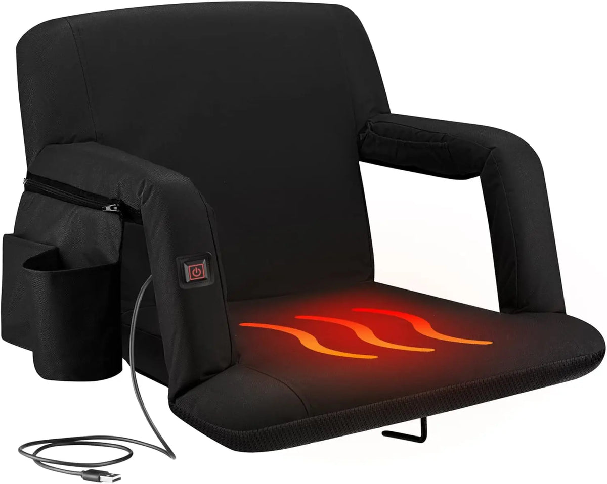 Wide heated reclining stadium seat on arena bleachers
