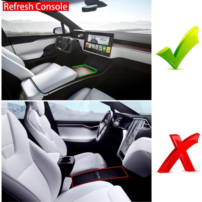 Car interior comparison showing correct and incorrect console organizer fit