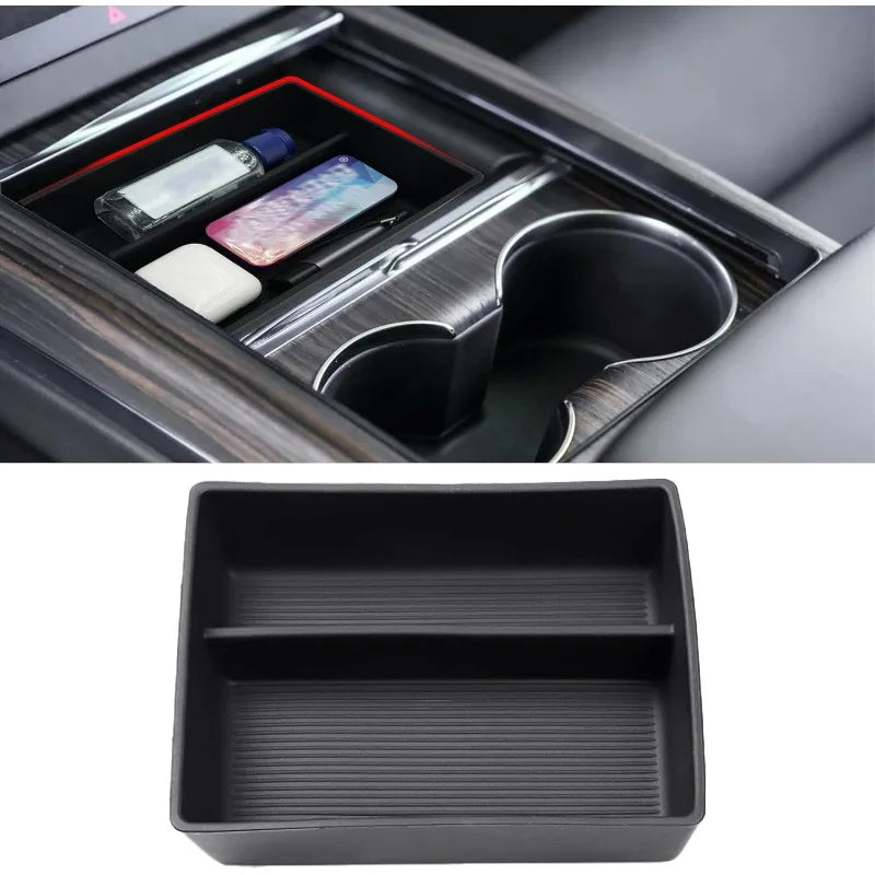 Black silicone center console organizer tray shown installed in a car console