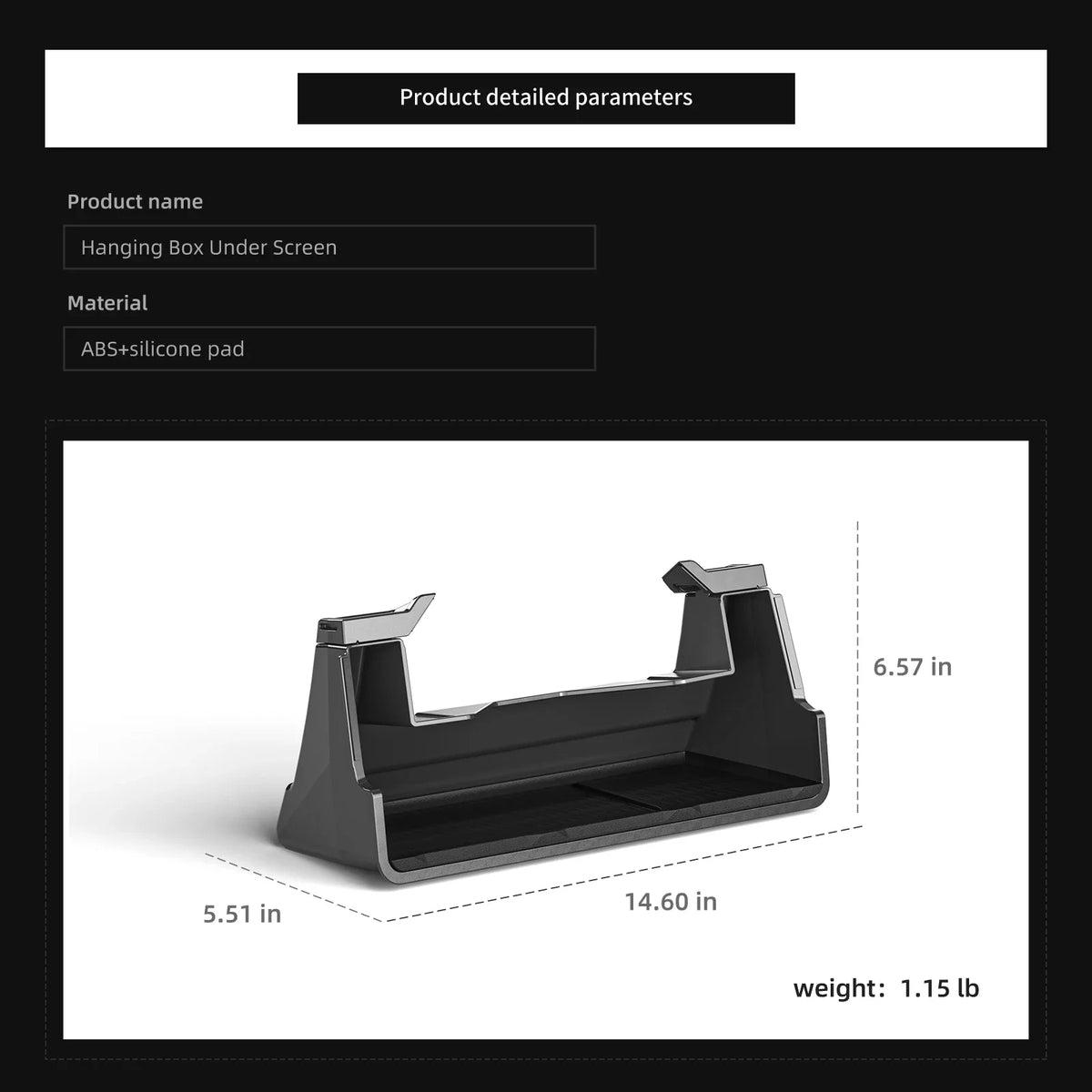 Black hanging storage box with dimensions diagram