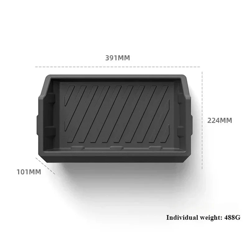 Top view of black drawer storage box with dimensions