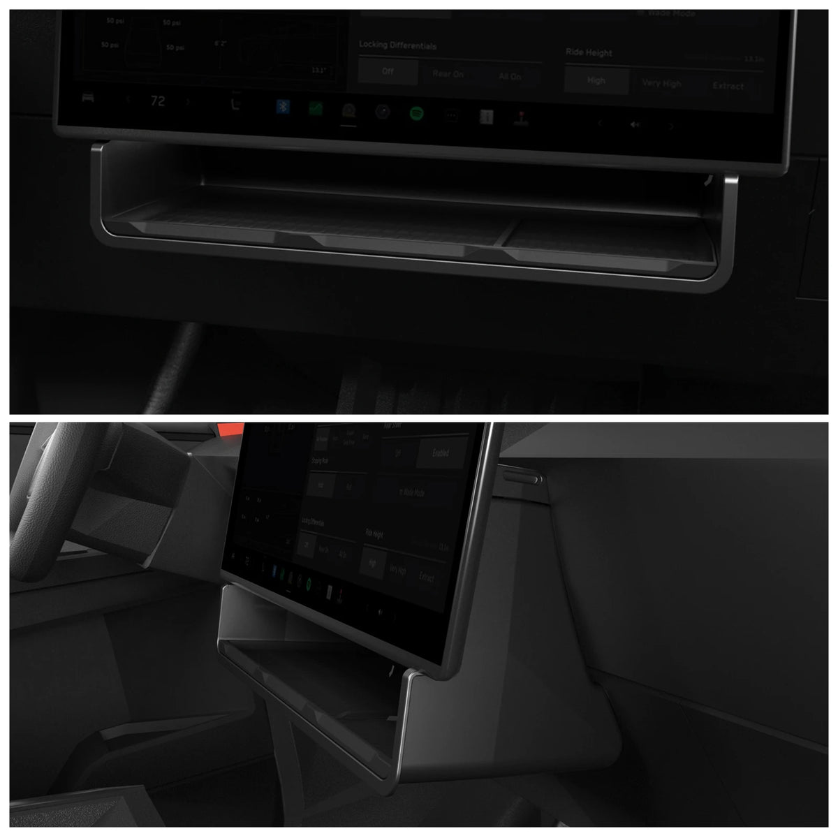 Hidden storage box mounted under a car center screen