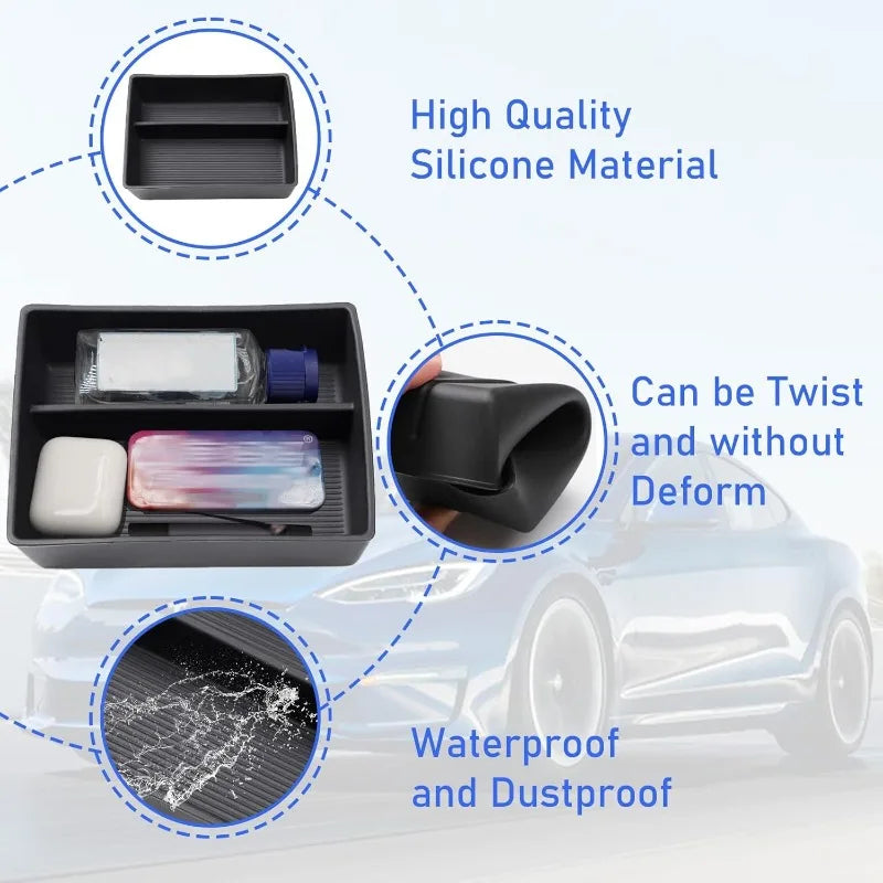 Infographic of silicone organizer tray features: waterproof, dustproof, flexible