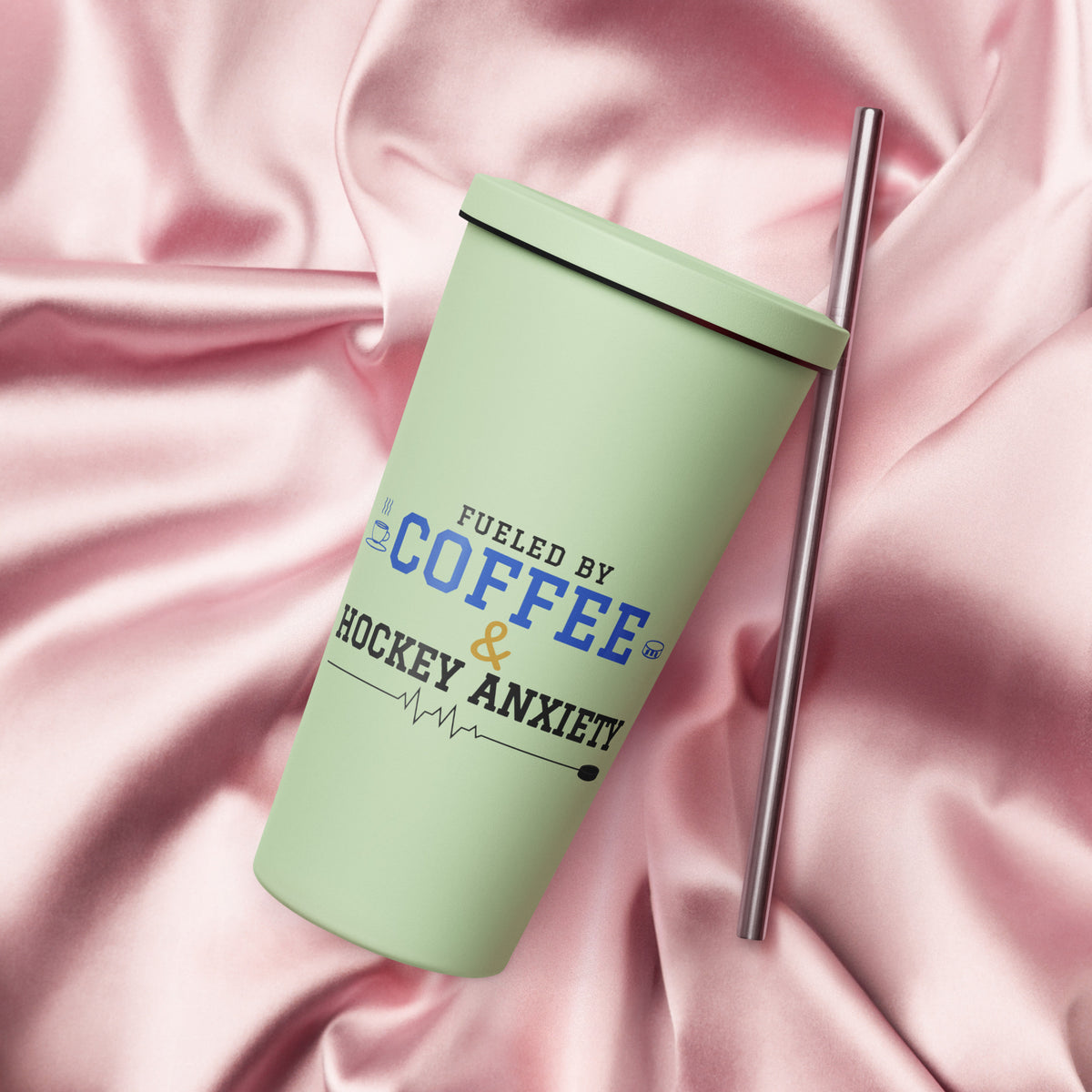 Mint Fueled by Coffee & Hockey Anxiety 20 oz tumbler with straw, front view