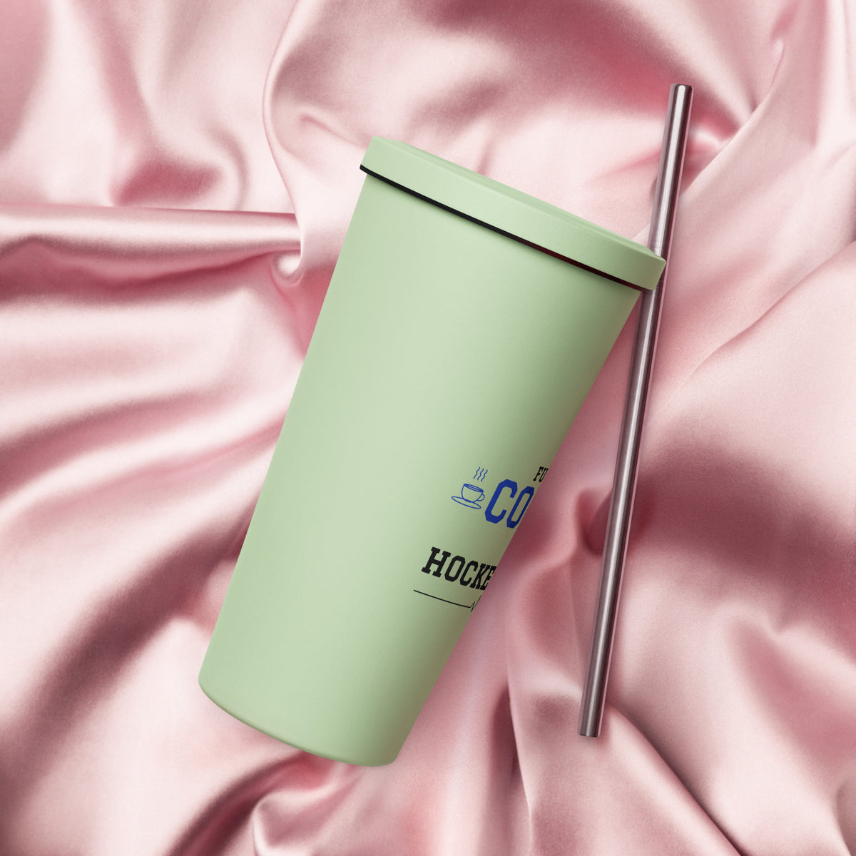 Mint Fueled by Coffee & Hockey Anxiety 20 oz tumbler with straw, right view