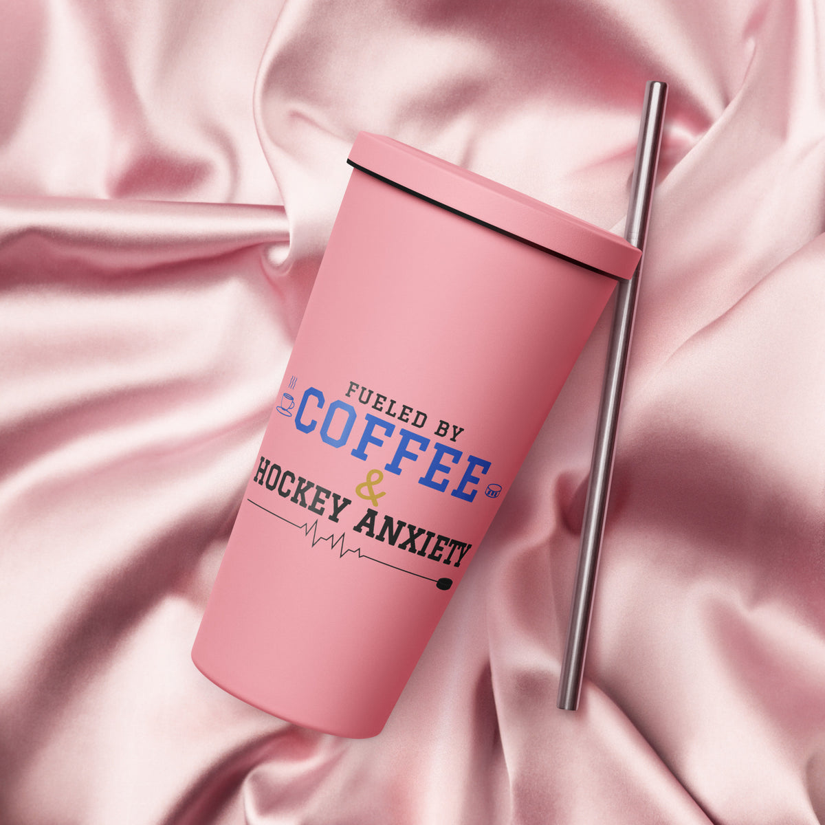 Pink Fueled by Coffee & Hockey Anxiety 20 oz tumbler with straw, front view