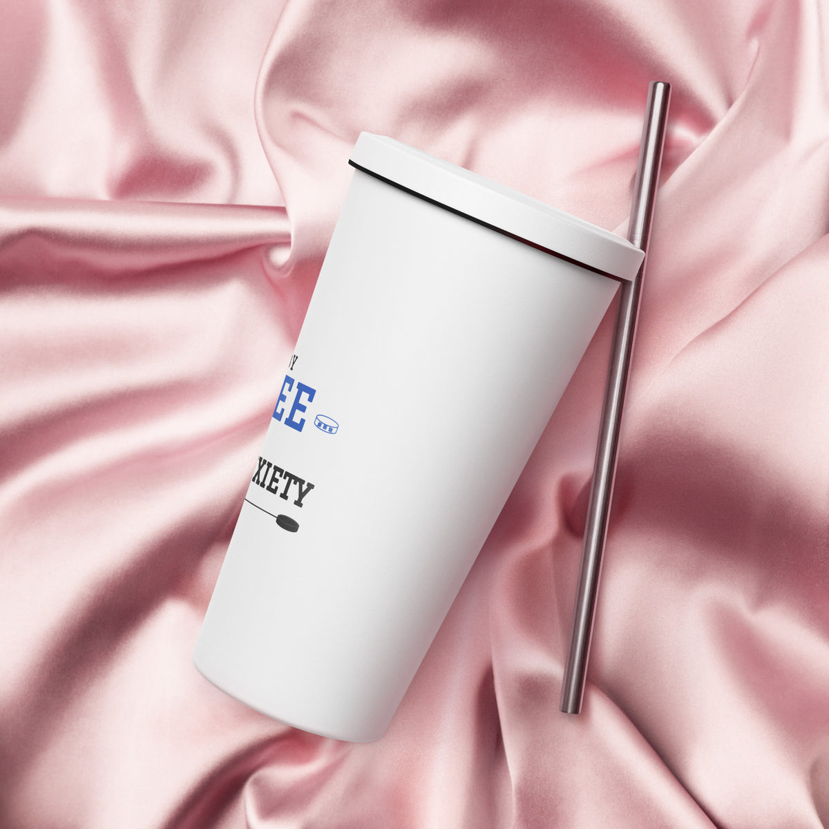 White Fueled by Coffee & Hockey Anxiety 20 oz tumbler with straw, left view
