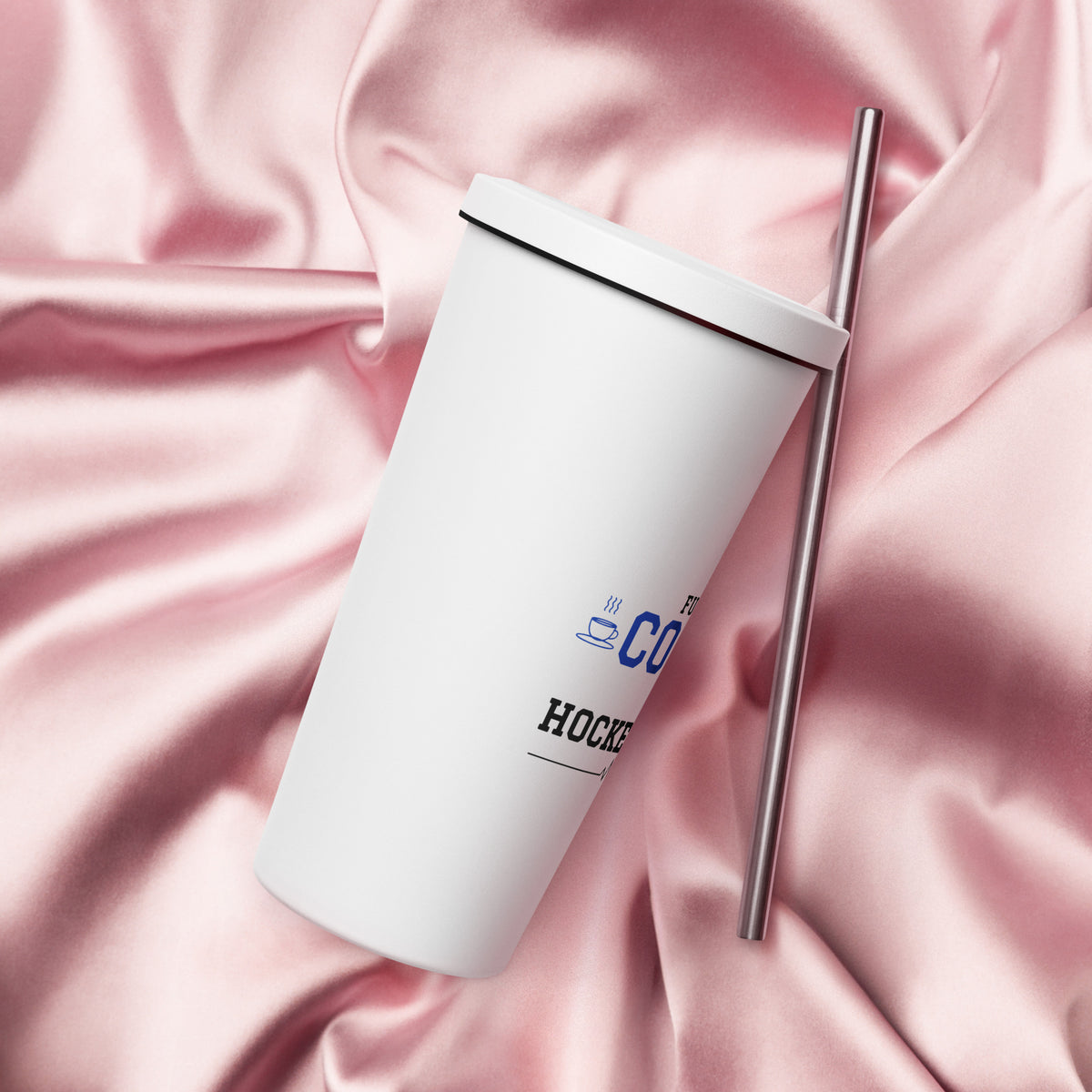 White Fueled by Coffee & Hockey Anxiety 20 oz tumbler with straw, right view