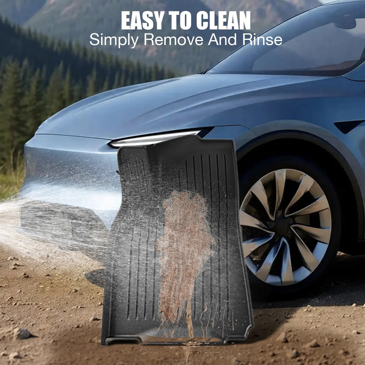 Floor mat being rinsed clean beside a Model Y