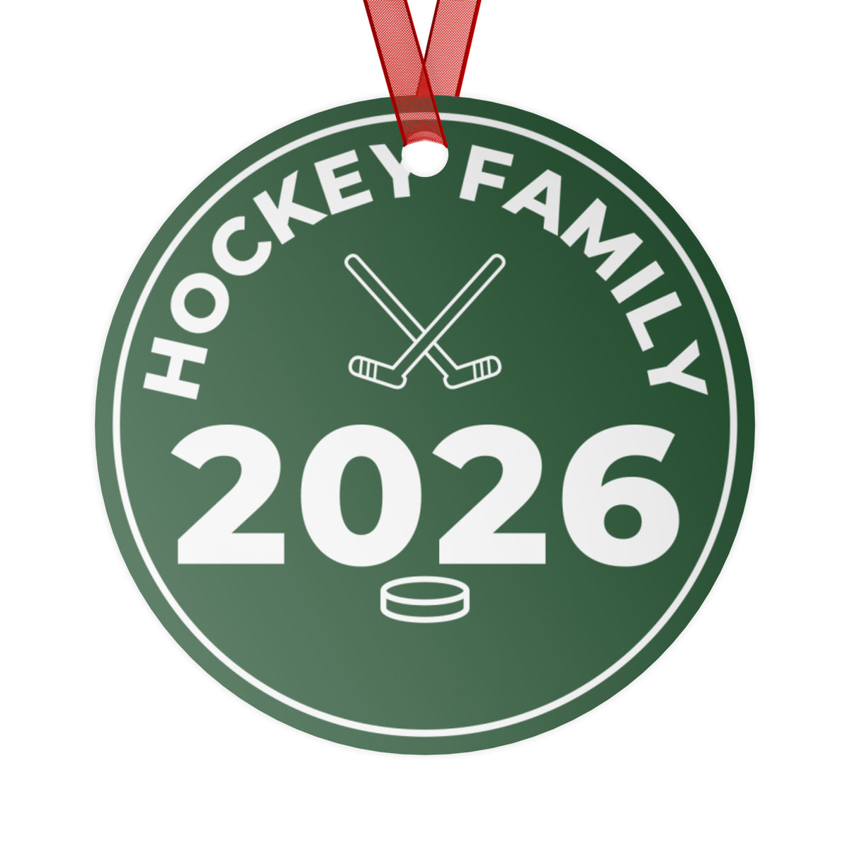 Green round Hockey Family 2026 metal ornament with crossed hockey sticks