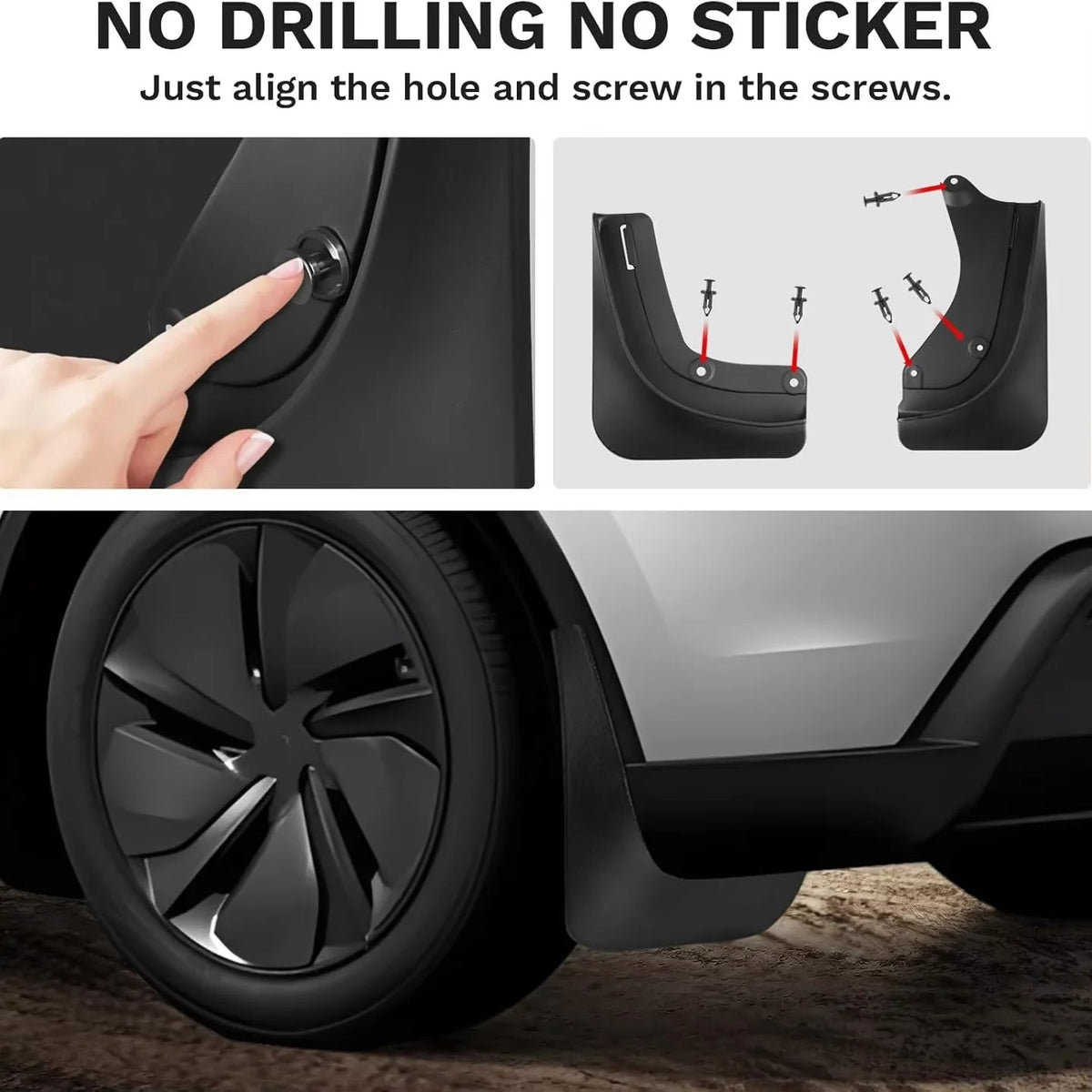 No-drill mud flap installation on a Model Y wheel arch