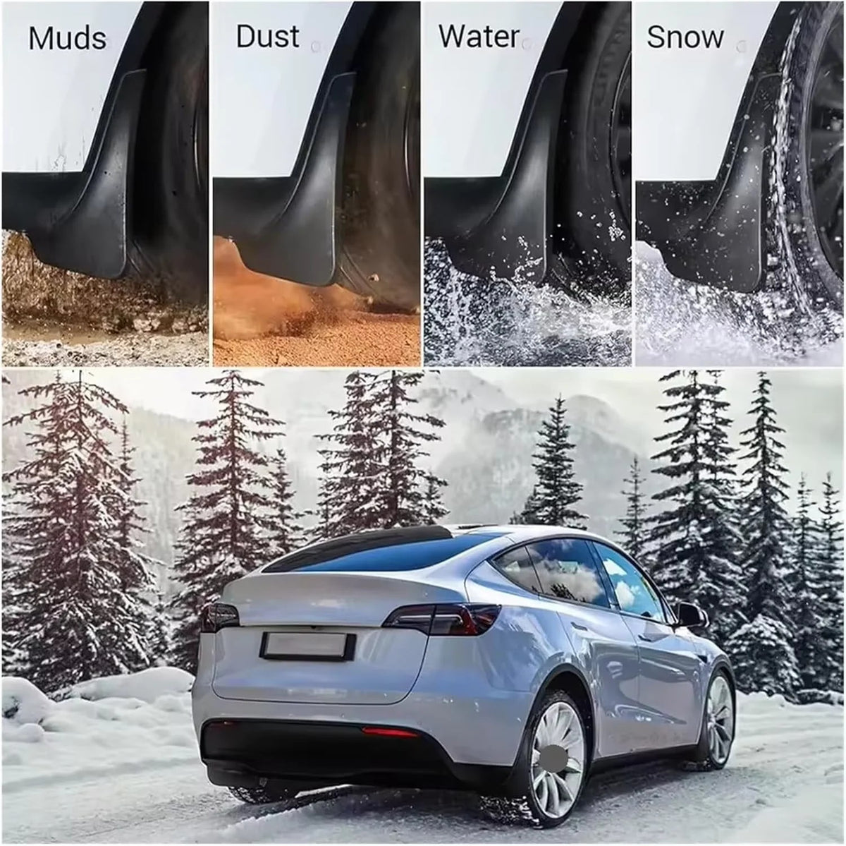 Model Y with mud flaps in snow