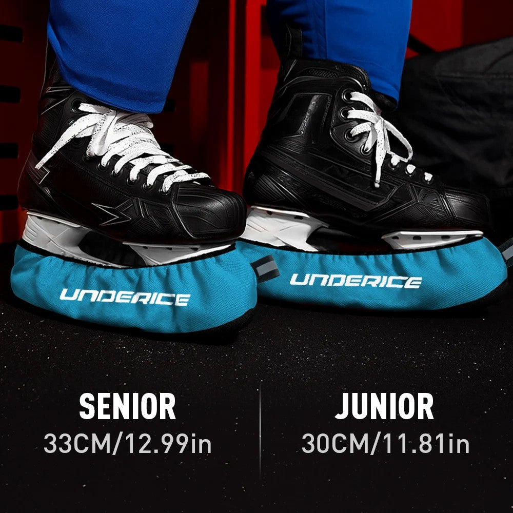 Hockey skate blade covers on skates, senior and junior sizes